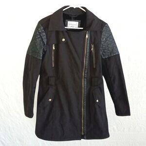 BCBGeneration Moto Trench Coat Quilted Accents Long Heavy Warm Winter Black Goth